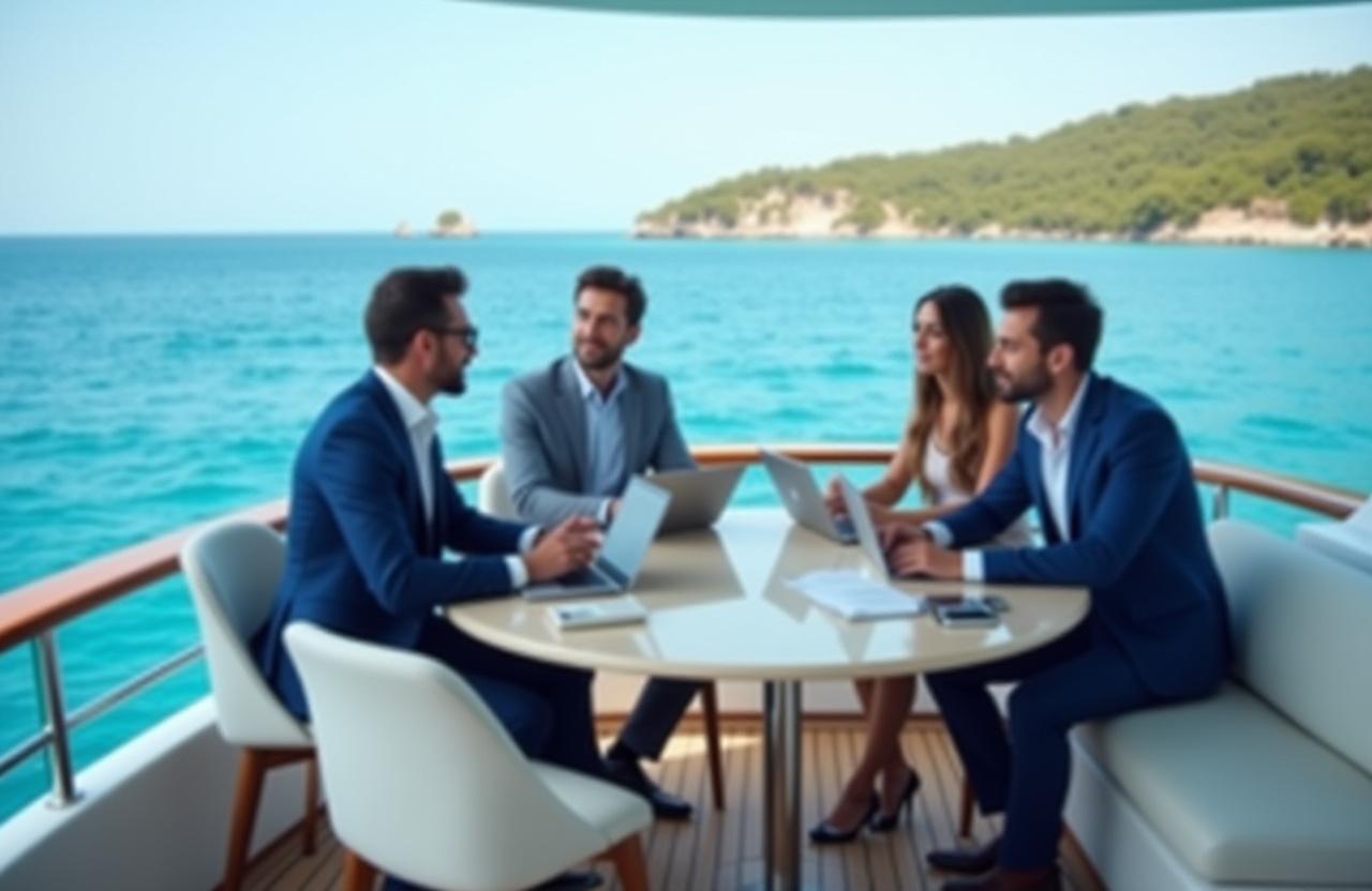 Geschäftsmeeting auf Luxus-Yacht mit Führungskräften